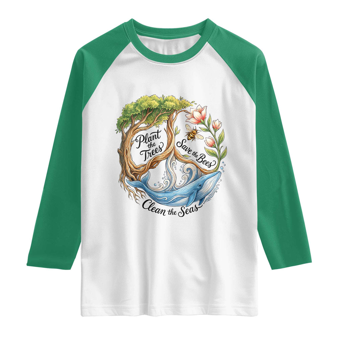 Plant The Trees Save The Bees Clean The Seas Raglan Shirt Vintage Peace Sign Aesthetic Nature Lover Ocean Conservation