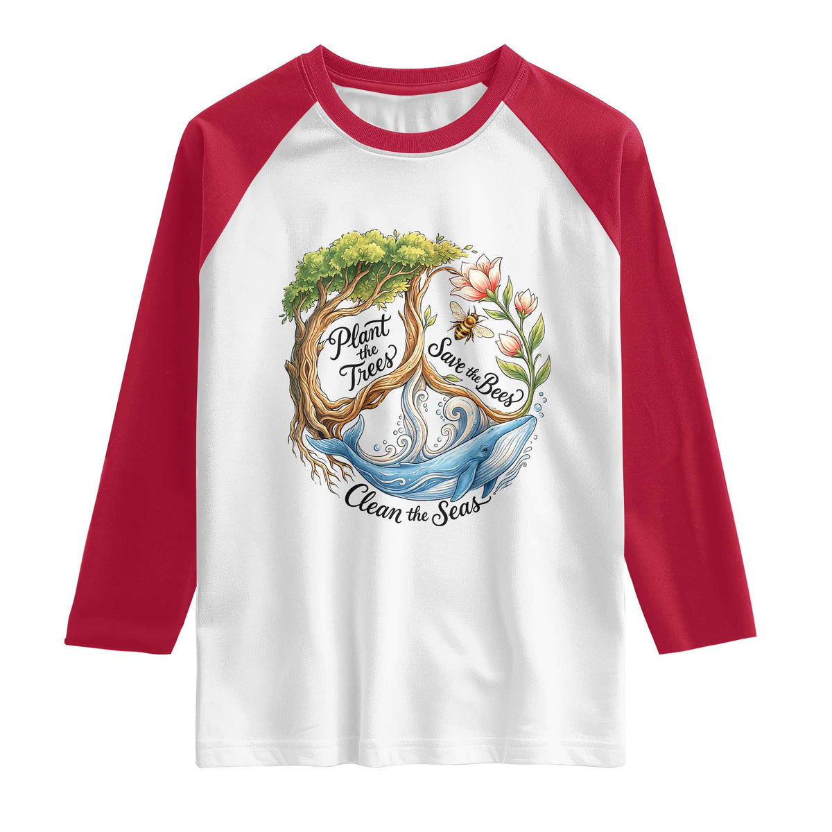 Plant The Trees Save The Bees Clean The Seas Raglan Shirt Vintage Peace Sign Aesthetic Nature Lover Ocean Conservation
