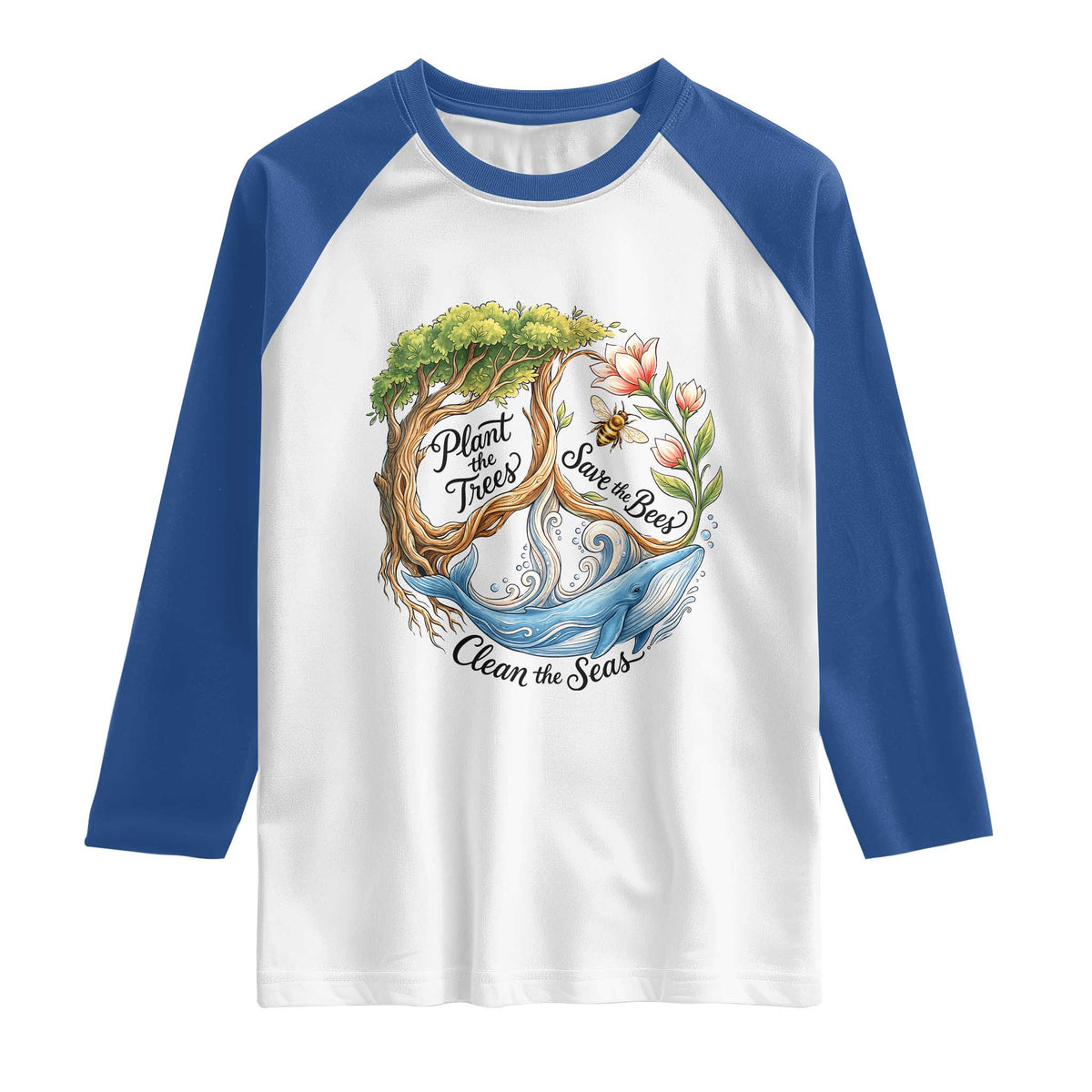 Plant The Trees Save The Bees Clean The Seas Raglan Shirt Vintage Peace Sign Aesthetic Nature Lover Ocean Conservation