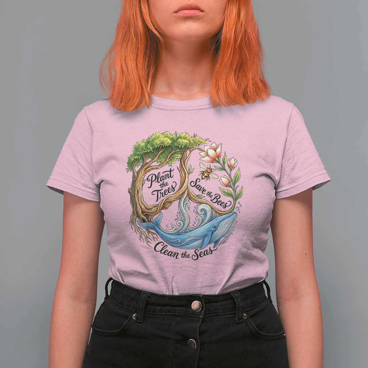 Plant The Trees Save The Bees Clean The Seas T Shirt For Women Vintage Peace Sign Aesthetic Nature Lover Ocean Conservation