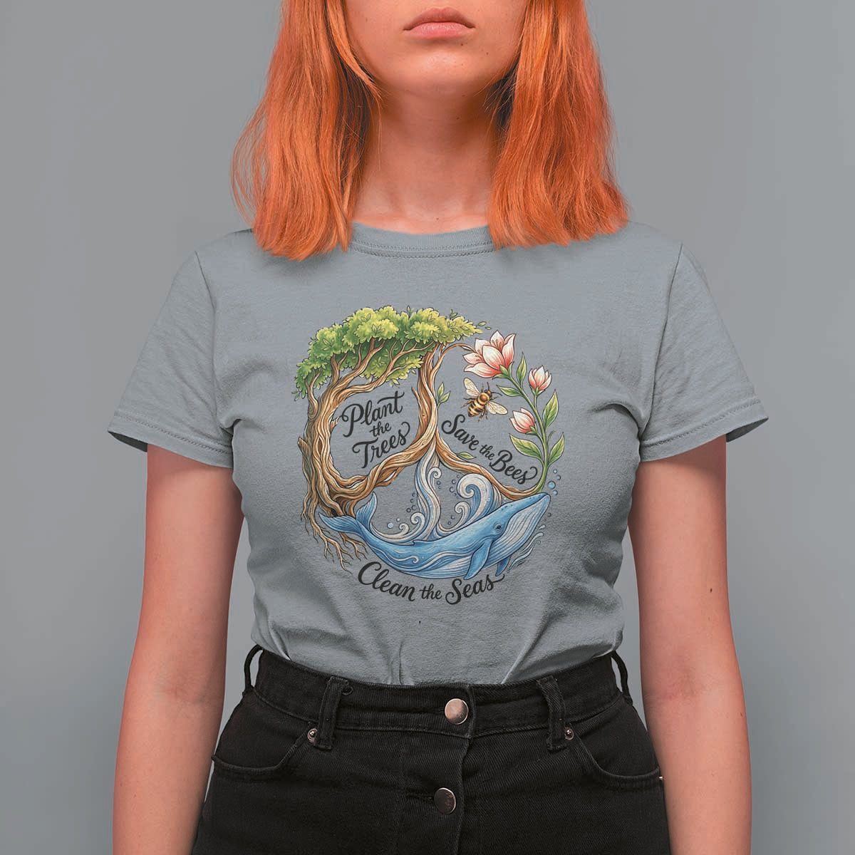 Plant The Trees Save The Bees Clean The Seas T Shirt For Women Vintage Peace Sign Aesthetic Nature Lover Ocean Conservation