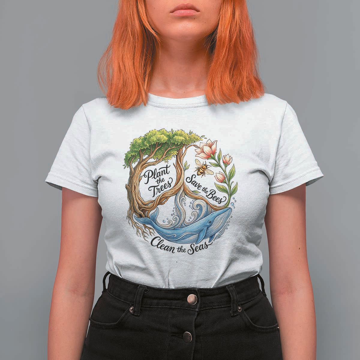 Plant The Trees Save The Bees Clean The Seas T Shirt For Women Vintage Peace Sign Aesthetic Nature Lover Ocean Conservation