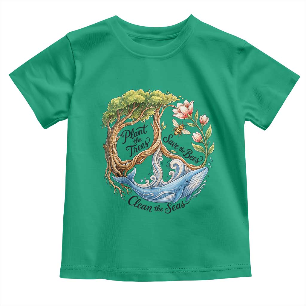 Plant The Trees Save The Bees Clean The Seas Toddler T Shirt Vintage Peace Sign Aesthetic Nature Lover Ocean Conservation