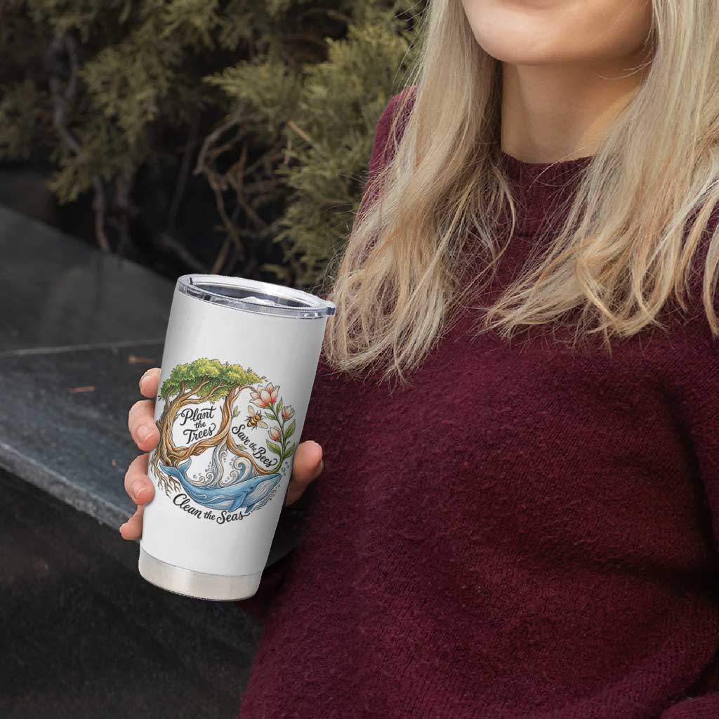 Plant The Trees Save The Bees Clean The Seas Tumbler Cup Vintage Peace Sign Aesthetic Nature Lover Ocean Conservation