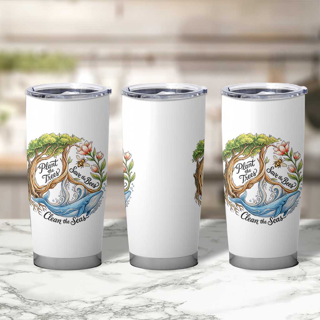 Plant The Trees Save The Bees Clean The Seas Tumbler Cup Vintage Peace Sign Aesthetic Nature Lover Ocean Conservation