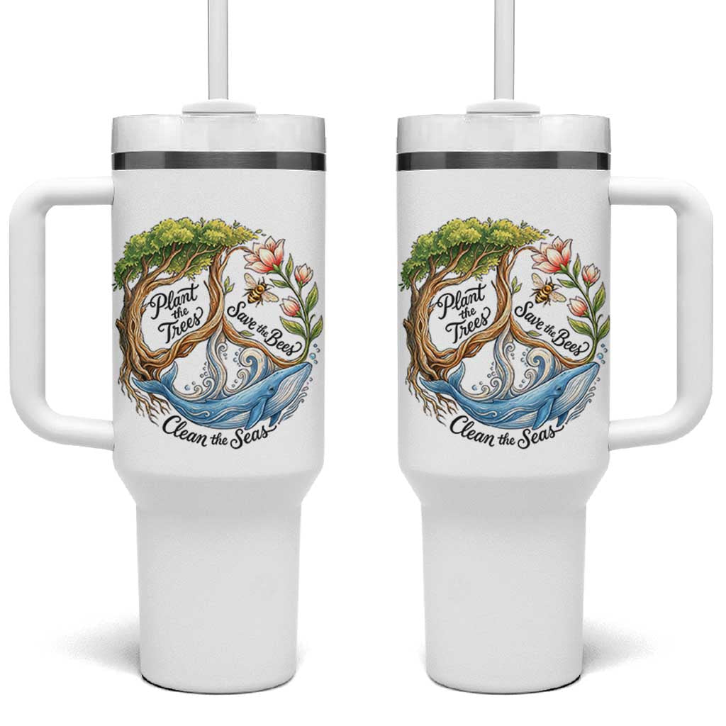 Plant The Trees Save The Bees Clean The Seas Tumbler With Handle Vintage Peace Sign Aesthetic Nature Lover Ocean Conservation
