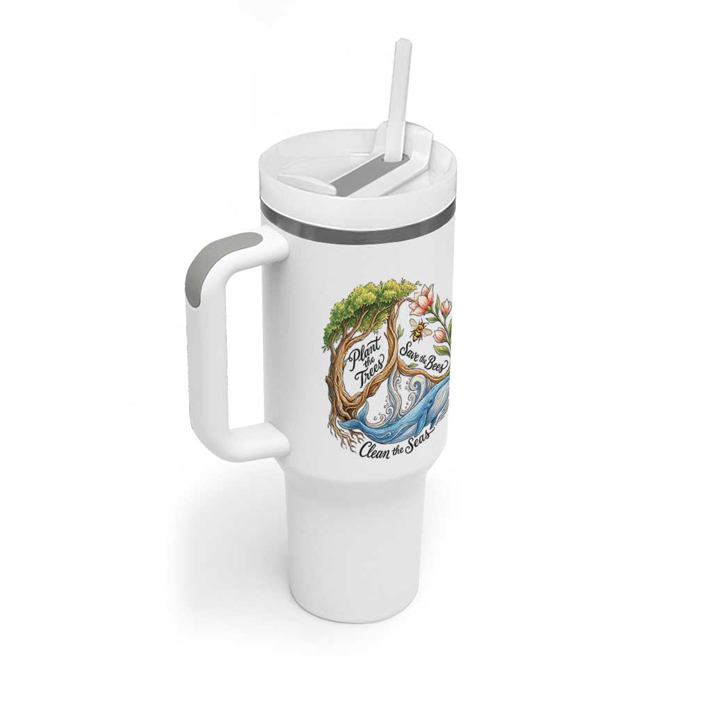 Plant The Trees Save The Bees Clean The Seas Tumbler With Handle Vintage Peace Sign Aesthetic Nature Lover Ocean Conservation