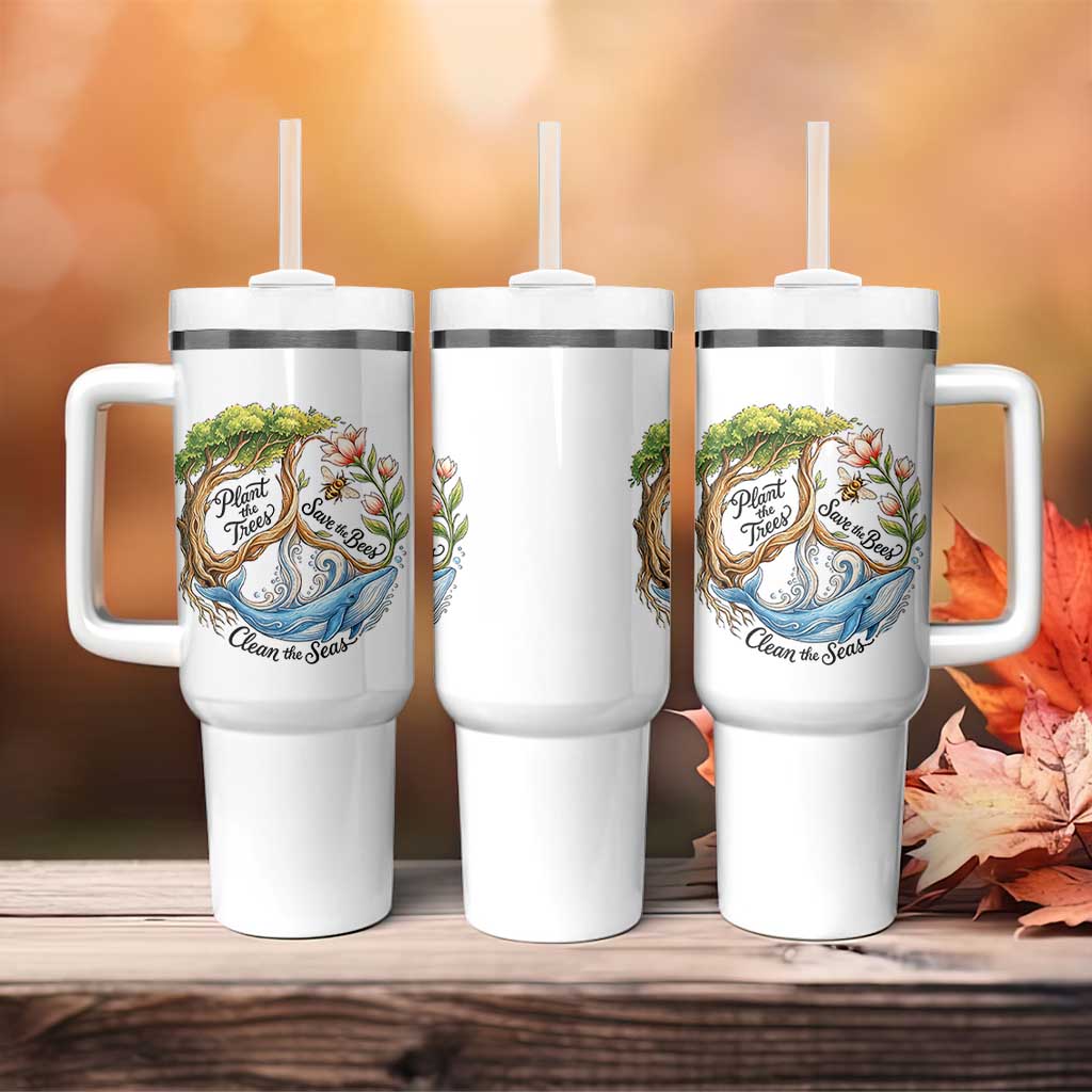 Plant The Trees Save The Bees Clean The Seas Tumbler With Handle Vintage Peace Sign Aesthetic Nature Lover Ocean Conservation
