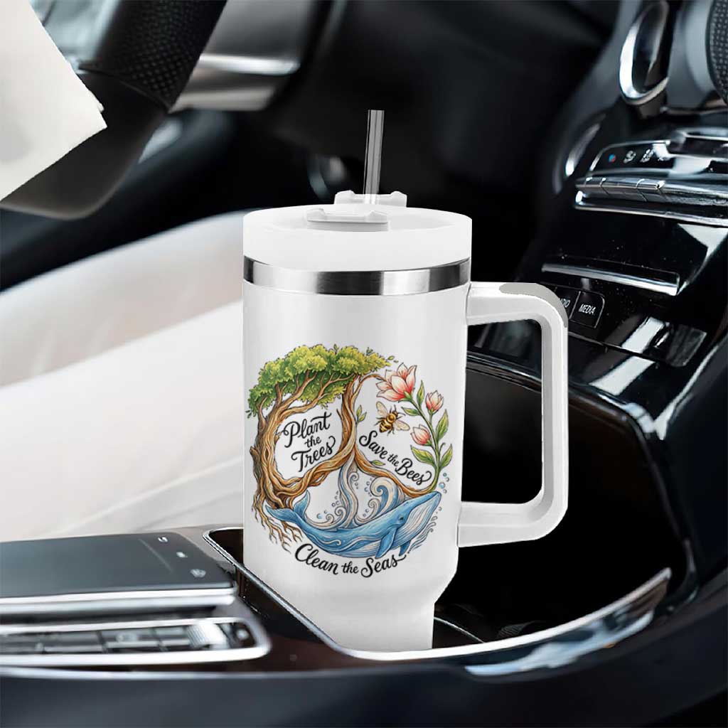 Plant The Trees Save The Bees Clean The Seas Tumbler With Handle Vintage Peace Sign Aesthetic Nature Lover Ocean Conservation