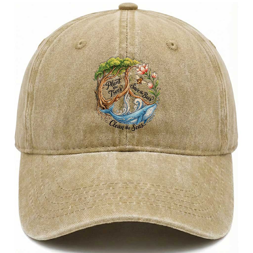 Plant The Trees Save The Bees Clean The Seas Washed Cotton Baseball Cap Vintage Peace Sign Aesthetic Nature Lover Ocean Conservation