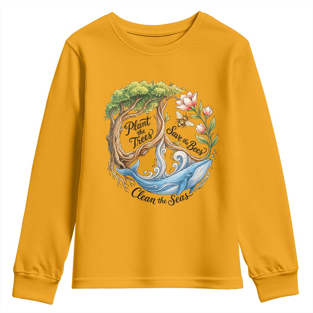Plant The Trees Save The Bees Clean The Seas Youth Sweatshirt Vintage Peace Sign Aesthetic Nature Lover Ocean Conservation
