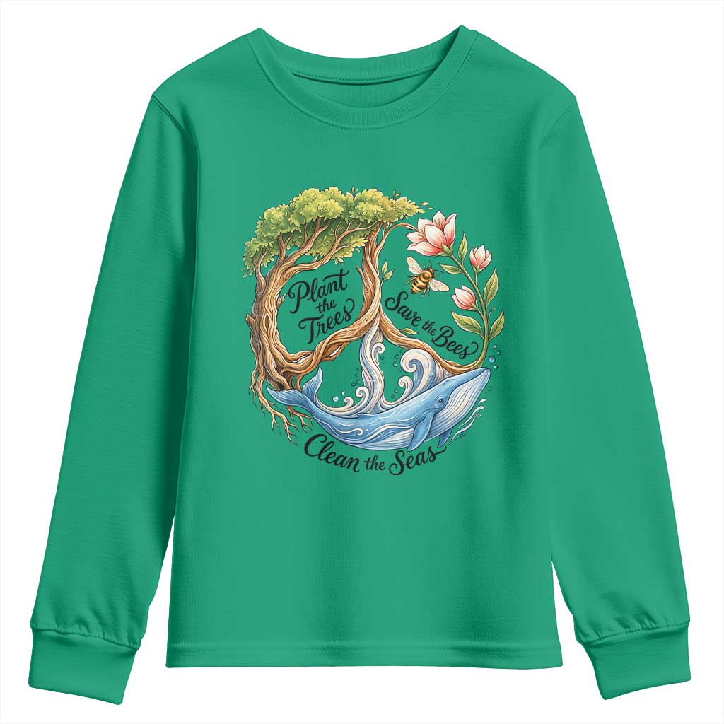 Plant The Trees Save The Bees Clean The Seas Youth Sweatshirt Vintage Peace Sign Aesthetic Nature Lover Ocean Conservation