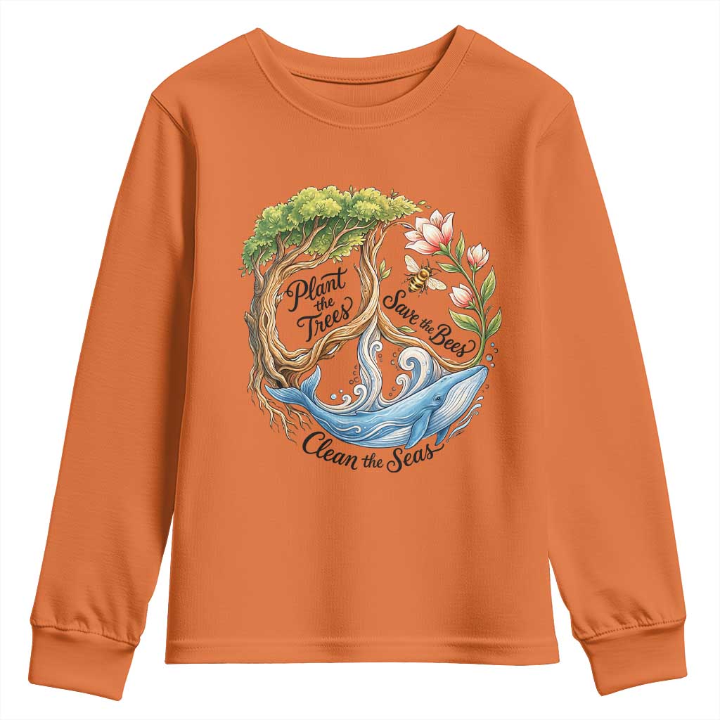 Plant The Trees Save The Bees Clean The Seas Youth Sweatshirt Vintage Peace Sign Aesthetic Nature Lover Ocean Conservation