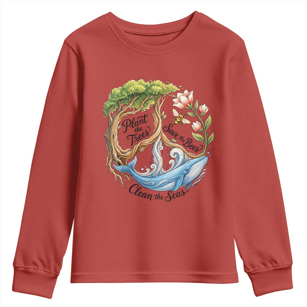 Plant The Trees Save The Bees Clean The Seas Youth Sweatshirt Vintage Peace Sign Aesthetic Nature Lover Ocean Conservation