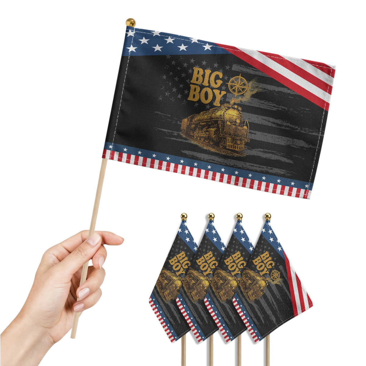 Vintage American Steam Train Locomotive Legend Patriotic Handheld Flag Compass Adventure Heritage Pride Graphic