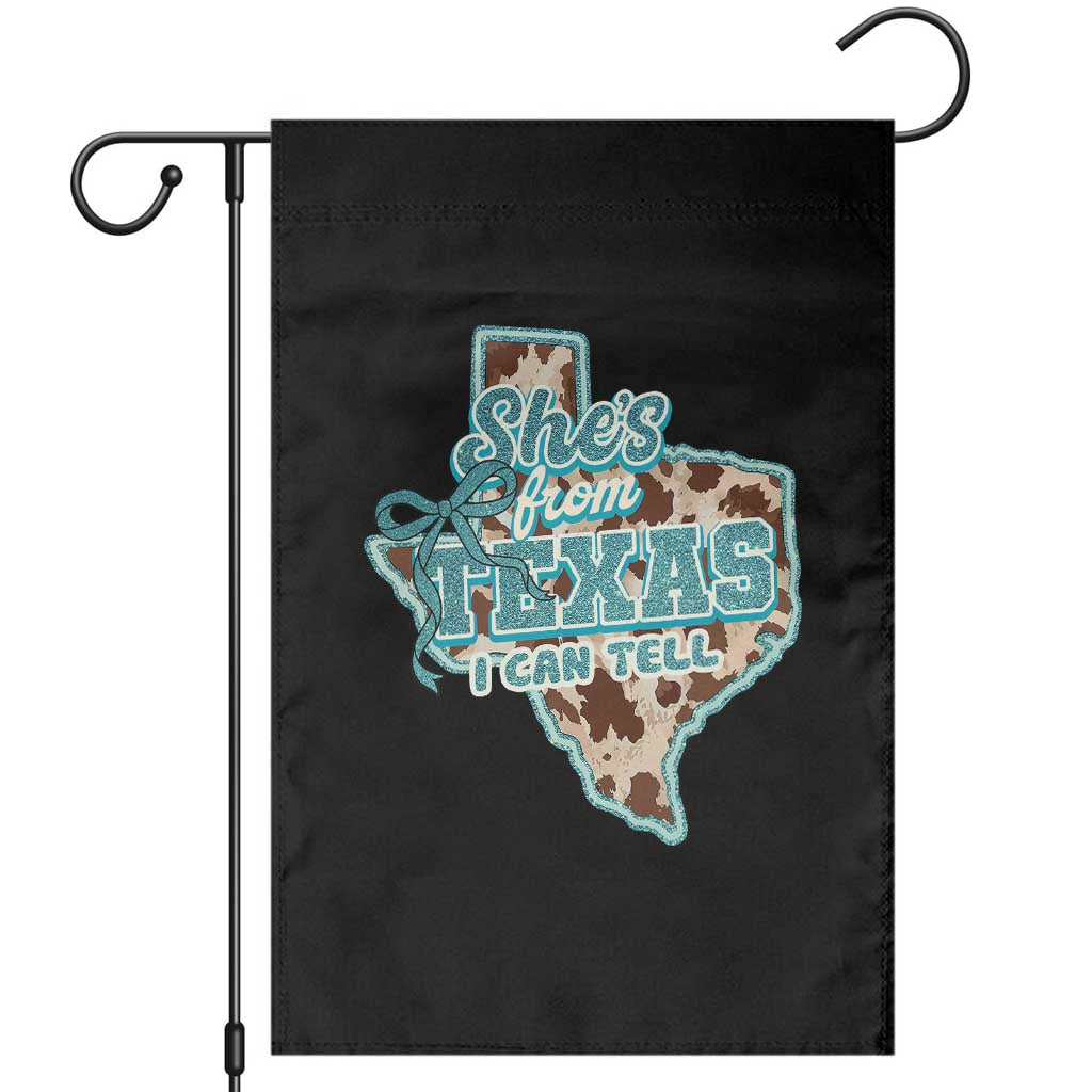 Retro Western She is From Texas I Can Tell Garden Flag Trendy Turquoise Glitter Coquette and Cow Print Effect Graphic