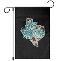 Retro Western She is From Texas I Can Tell Garden Flag Trendy Turquoise Glitter Coquette and Cow Print Effect Graphic