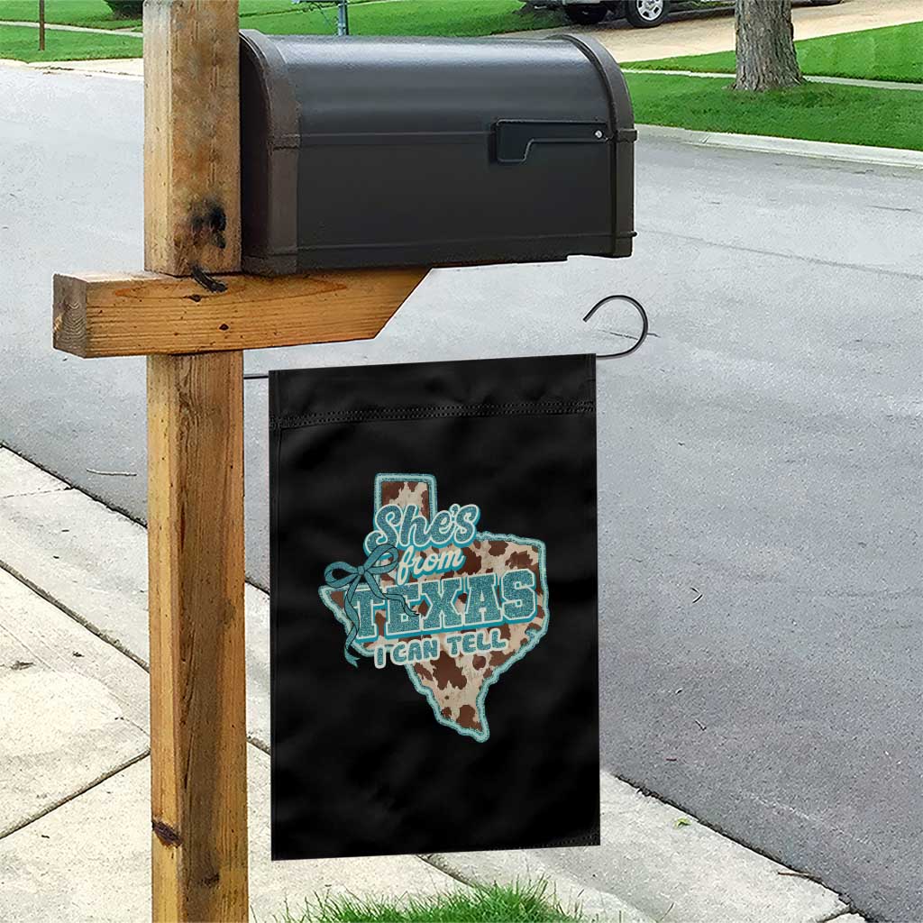 Retro Western She is From Texas I Can Tell Garden Flag Trendy Turquoise Glitter Coquette and Cow Print Effect Graphic