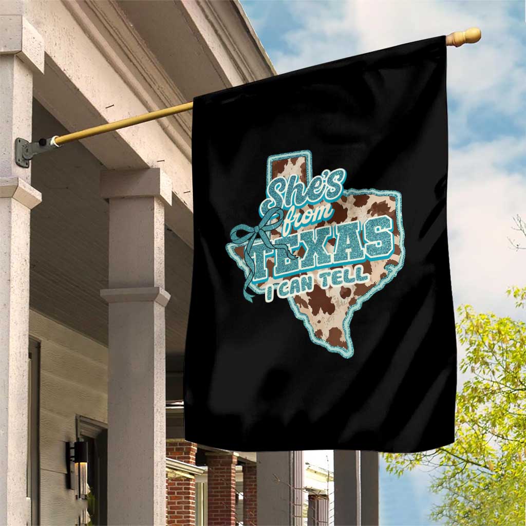Retro Western She is From Texas I Can Tell Garden Flag Trendy Turquoise Glitter Coquette and Cow Print Effect Graphic