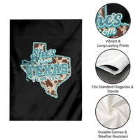Retro Western She is From Texas I Can Tell Garden Flag Trendy Turquoise Glitter Coquette and Cow Print Effect Graphic