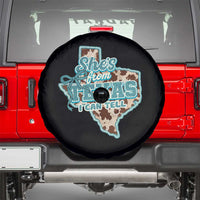 Retro Western She is From Texas I Can Tell Spare Tire Cover Trendy Turquoise Glitter Coquette and Cow Print Effect Graphic