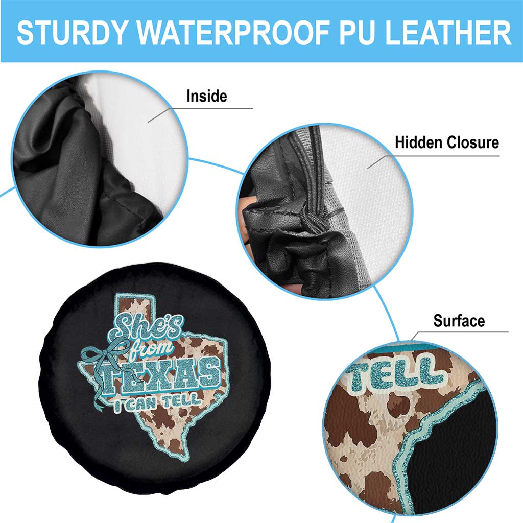Retro Western She is From Texas I Can Tell Spare Tire Cover Trendy Turquoise Glitter Coquette and Cow Print Effect Graphic