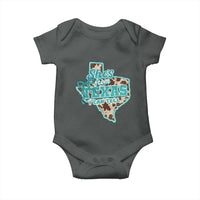 Retro Western She is From Texas I Can Tell Baby Onesie Trendy Turquoise Glitter Coquette and Cow Print Effect Graphic