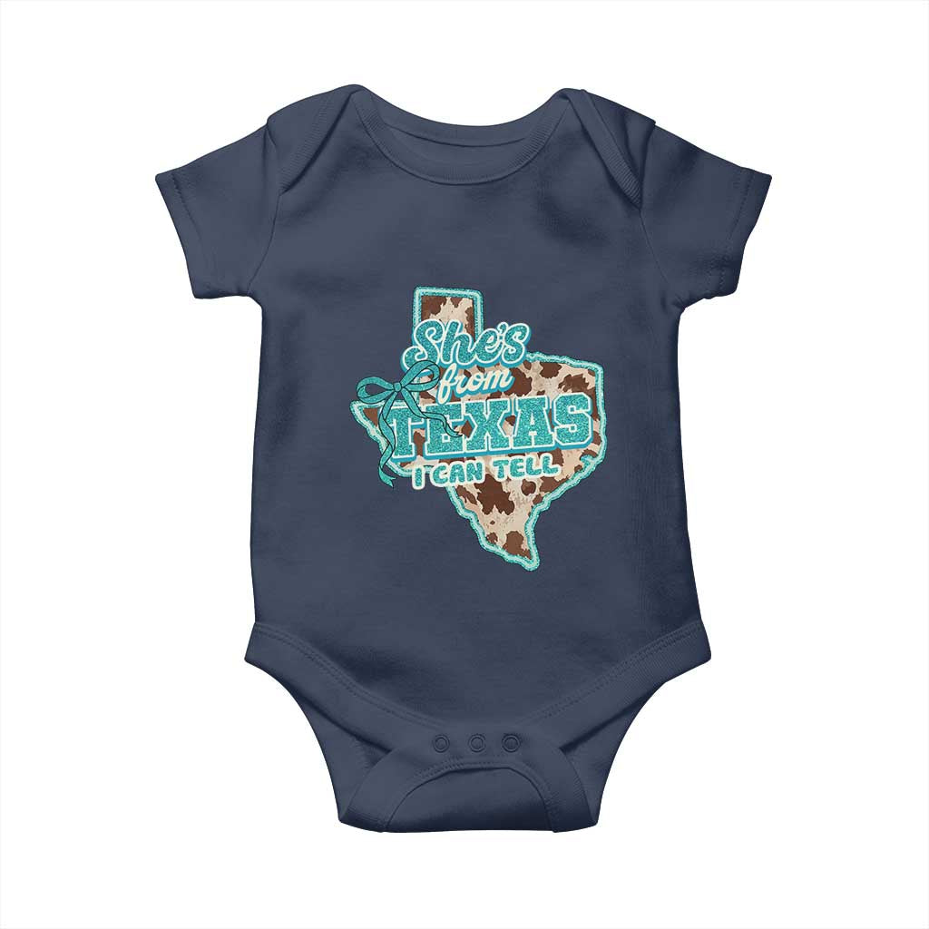 Retro Western She is From Texas I Can Tell Baby Onesie Trendy Turquoise Glitter Coquette and Cow Print Effect Graphic