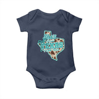 Retro Western She is From Texas I Can Tell Baby Onesie Trendy Turquoise Glitter Coquette and Cow Print Effect Graphic