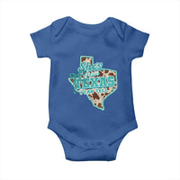 Retro Western She is From Texas I Can Tell Baby Onesie Trendy Turquoise Glitter Coquette and Cow Print Effect Graphic