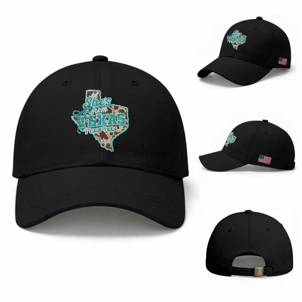 Retro Western She is From Texas I Can Tell Baseball Cap Trendy Turquoise Glitter Coquette and Cow Print Effect Graphic