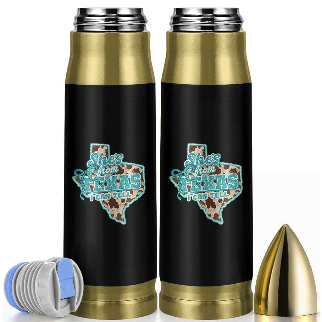 Retro Western She is From Texas I Can Tell Bullet Tumbler Trendy Turquoise Glitter Coquette and Cow Print Effect Graphic