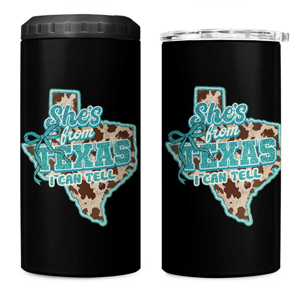 Retro Western She is From Texas I Can Tell 4 in 1 Can Cooler Tumbler Trendy Turquoise Glitter Coquette and Cow Print Effect Graphic