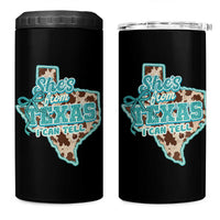 Retro Western She is From Texas I Can Tell 4 in 1 Can Cooler Tumbler Trendy Turquoise Glitter Coquette and Cow Print Effect Graphic