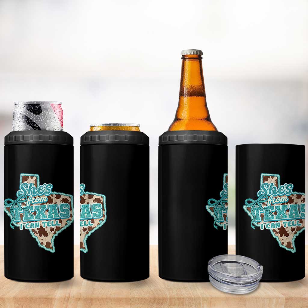 Retro Western She is From Texas I Can Tell 4 in 1 Can Cooler Tumbler Trendy Turquoise Glitter Coquette and Cow Print Effect Graphic