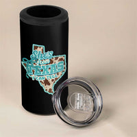 Retro Western She is From Texas I Can Tell 4 in 1 Can Cooler Tumbler Trendy Turquoise Glitter Coquette and Cow Print Effect Graphic