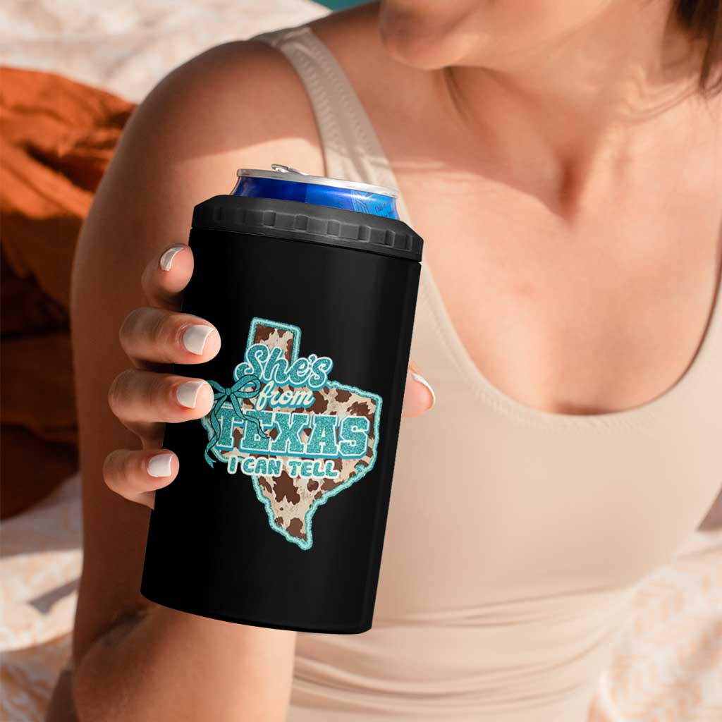 Retro Western She is From Texas I Can Tell 4 in 1 Can Cooler Tumbler Trendy Turquoise Glitter Coquette and Cow Print Effect Graphic