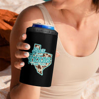 Retro Western She is From Texas I Can Tell 4 in 1 Can Cooler Tumbler Trendy Turquoise Glitter Coquette and Cow Print Effect Graphic
