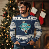 Retro Western She is From Texas I Can Tell Ugly Christmas Sweater Trendy Turquoise Glitter Coquette and Cow Print Effect Graphic