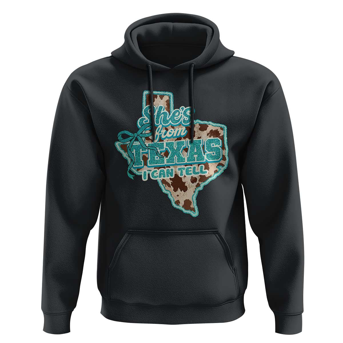 Retro Western She is From Texas I Can Tell Hoodie Trendy Turquoise Glitter Coquette and Cow Print Effect Graphic