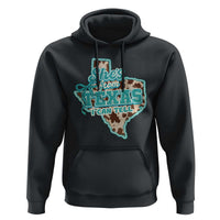 Retro Western She is From Texas I Can Tell Hoodie Trendy Turquoise Glitter Coquette and Cow Print Effect Graphic
