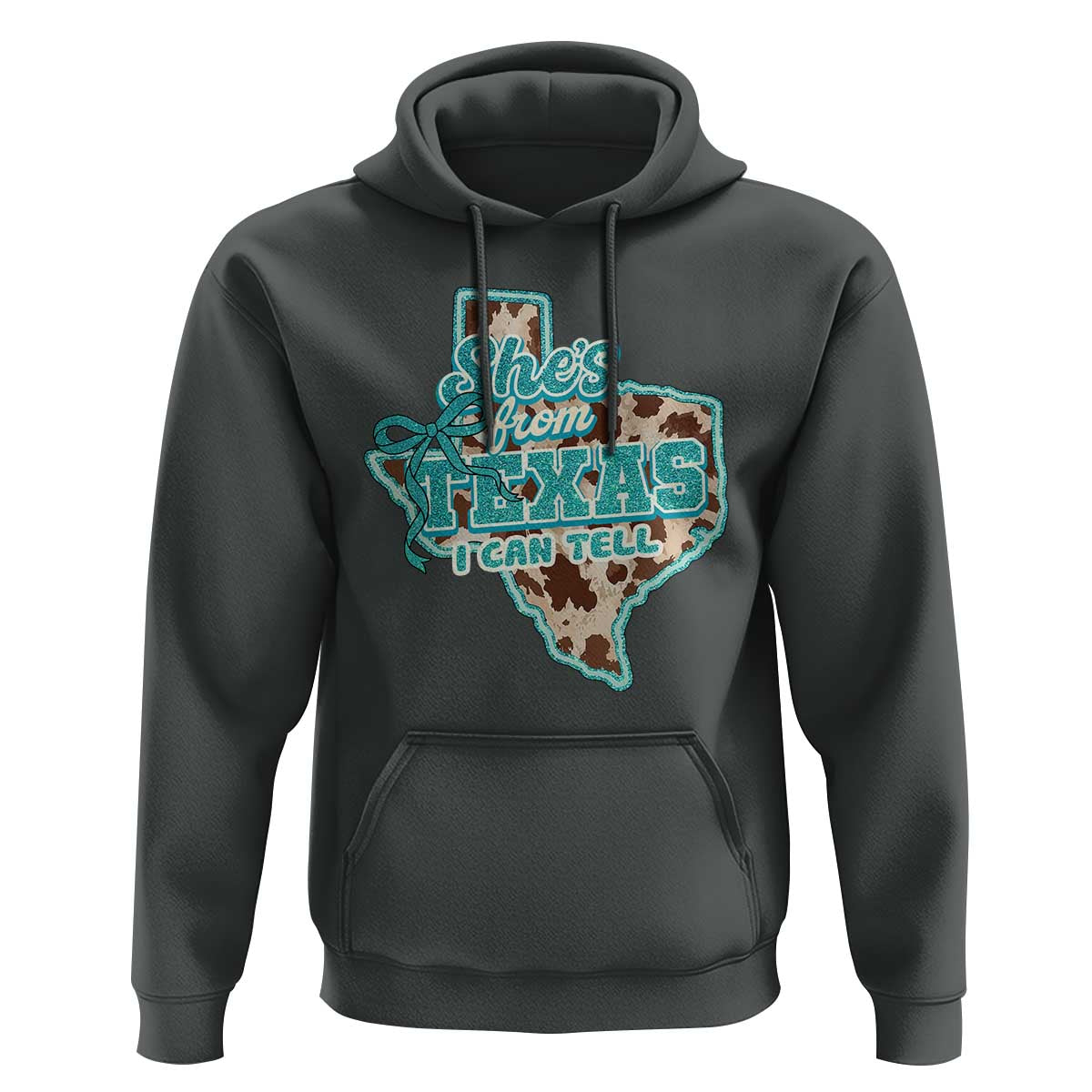 Retro Western She is From Texas I Can Tell Hoodie Trendy Turquoise Glitter Coquette and Cow Print Effect Graphic
