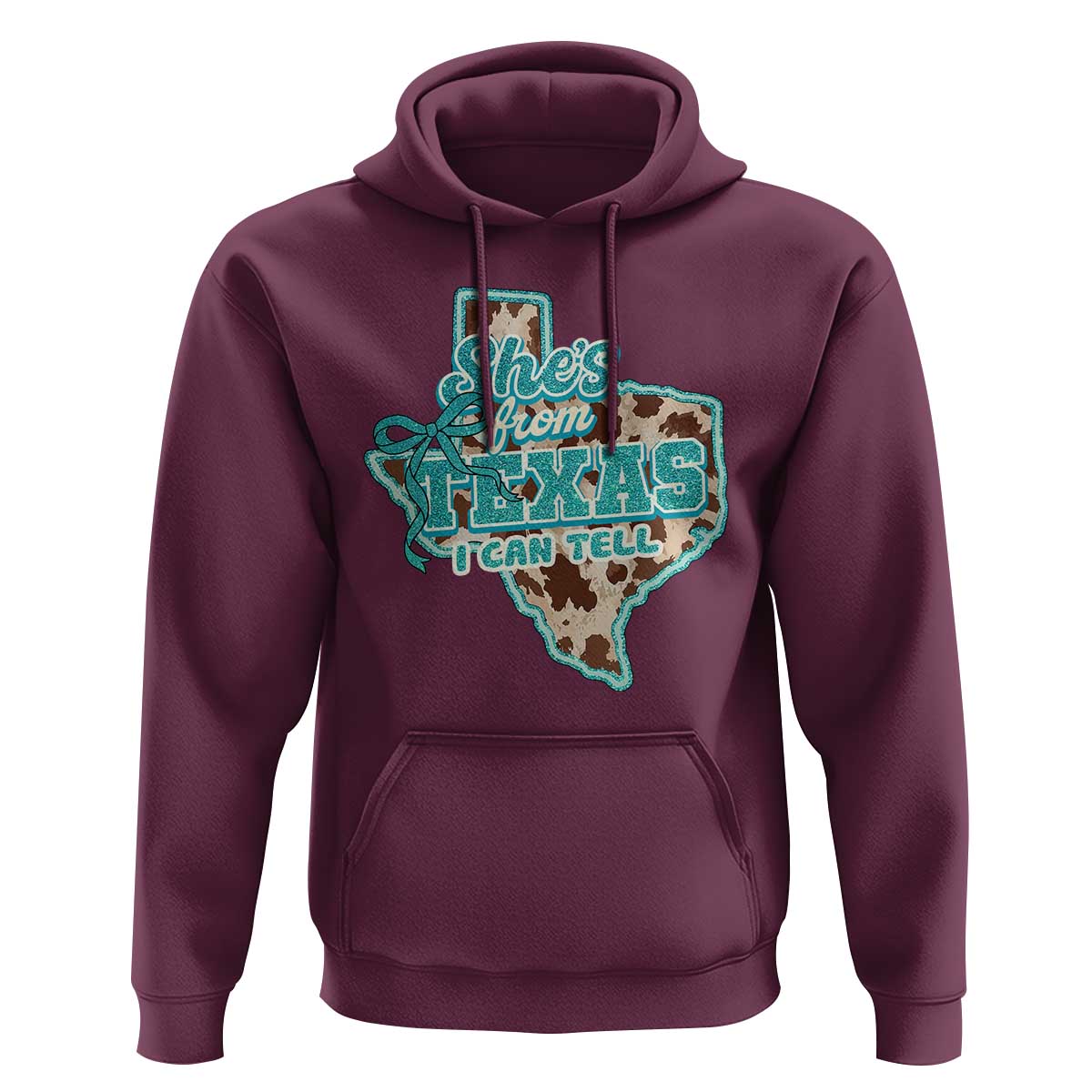 Retro Western She is From Texas I Can Tell Hoodie Trendy Turquoise Glitter Coquette and Cow Print Effect Graphic