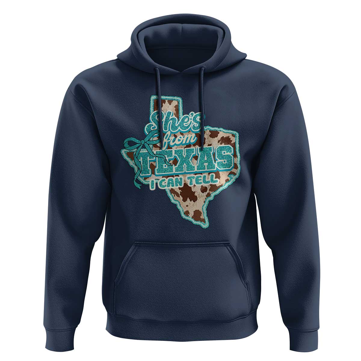 Retro Western She is From Texas I Can Tell Hoodie Trendy Turquoise Glitter Coquette and Cow Print Effect Graphic