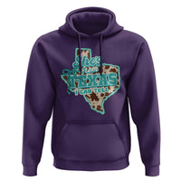 Retro Western She is From Texas I Can Tell Hoodie Trendy Turquoise Glitter Coquette and Cow Print Effect Graphic