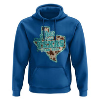 Retro Western She is From Texas I Can Tell Hoodie Trendy Turquoise Glitter Coquette and Cow Print Effect Graphic