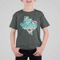 Retro Western She is From Texas I Can Tell T Shirt For Kid Trendy Turquoise Glitter Coquette and Cow Print Effect Graphic