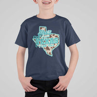 Retro Western She is From Texas I Can Tell T Shirt For Kid Trendy Turquoise Glitter Coquette and Cow Print Effect Graphic