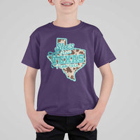 Retro Western She is From Texas I Can Tell T Shirt For Kid Trendy Turquoise Glitter Coquette and Cow Print Effect Graphic