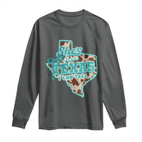 Retro Western She is From Texas I Can Tell Long Sleeve Shirt Trendy Turquoise Glitter Coquette and Cow Print Effect Graphic